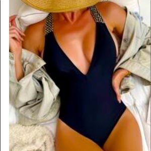 Stylish criss cross one piece black bathing suit